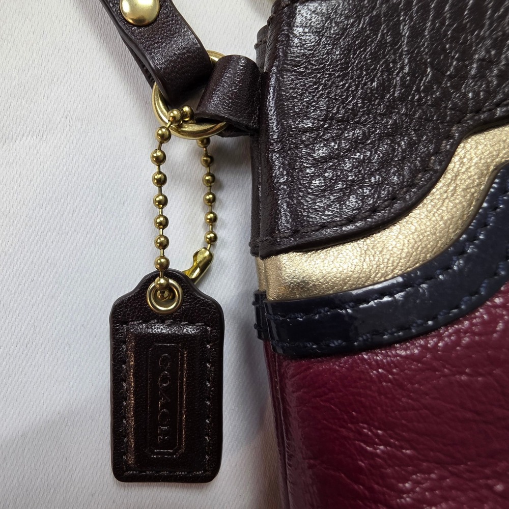 Coach Burgundy Brown Navy Gold Leather Colorblock Wristlet Pouch Zip Top Bag - Picture 3 of 9